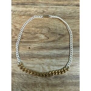 Vintage Two-Tone Chunky Curb Chain Necklace Gold White Costume Jewelry 16 Inch